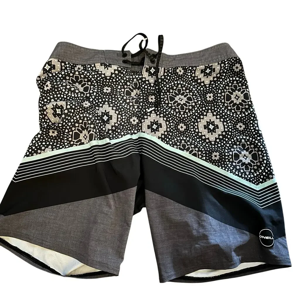 O'Neill Hyperfreak Geometric Gray Black Board Shorts, Size 32